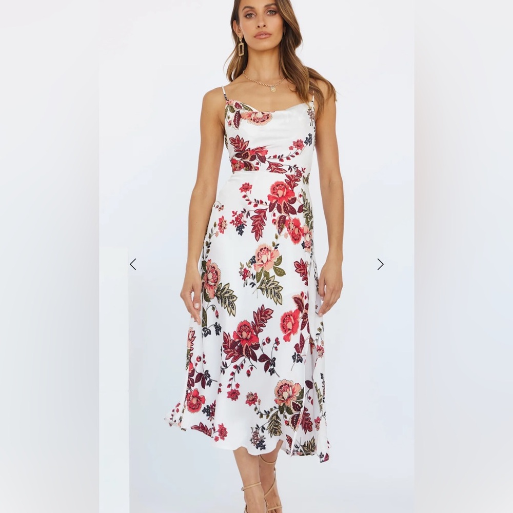 Hello Molly Floral Midi Dress - White and Red with Slit and Adjustable Straps